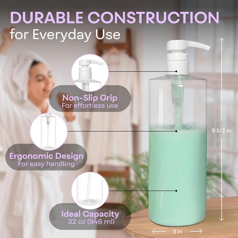 BRIGHTFROM زجاجات مضخة شامبو فارغة، 32 أونصة / 1 لتر، حاويات أسطوانية خالية من BPA، للاستخدام المنزلي والتجاري، عبوة من 2 - مقاومة للتسرب - Image 3
